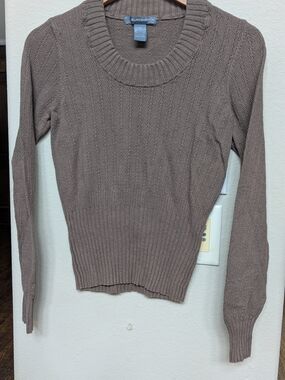 Hillard & Hanson Taupe Cable-Knit Scoop Neck Sweater